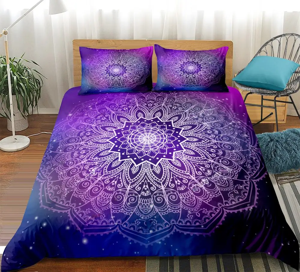 Фиолетовое постельное белье в стиле мандала, набор постельного белья в стиле лотоса, набор пододеяльников в богемном стиле, экзотическое одеяло, бохо, домашний текстиль, Прямая поставка, королева