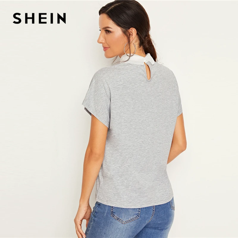 SHEIN серый контрастный вышитый воротник из органзы Повседневная футболка Женские топы осенние базовые футболки с рукавами «летучая мышь» и пуговицами сзади