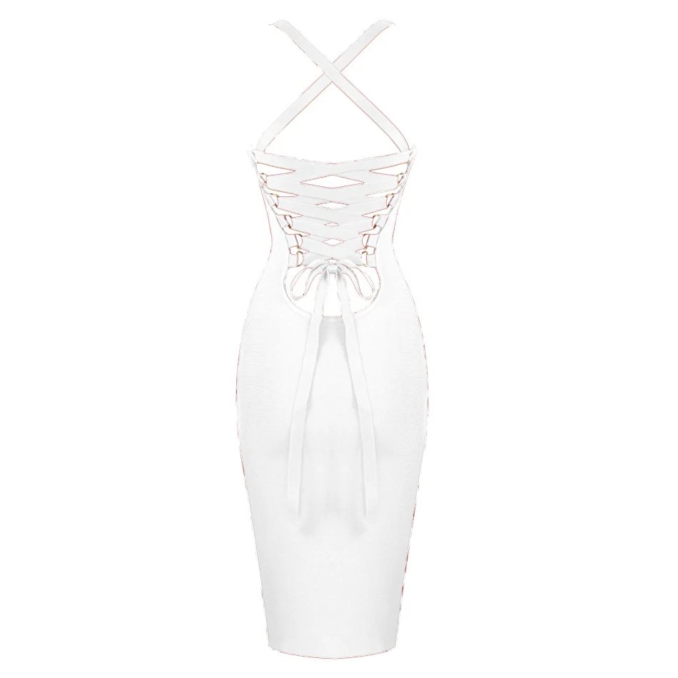 summer new fashion women's bandage dress sexy red Bodycon hollow tie with spaghetti dress celebrity evening party Vestidos - Color: White