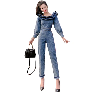 

New 2020 Autumn and winter famous lotus leaf edge one word collar long-sleeved high-waisted trim denim jumpsuit pants