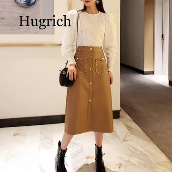 

2020 A-Line Solid PU Leather Skirt High Waist Rivet Fashion Skirts Knee Length Pockets Button Stylish Faldas Mujer