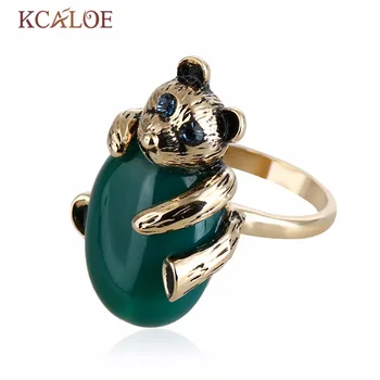 

KCALOE Titanium Gold Animal Rings For Women Cute Tiny Bear Natural Green Stone Midi Finger Ring Girl Gifts Fashion Party Band