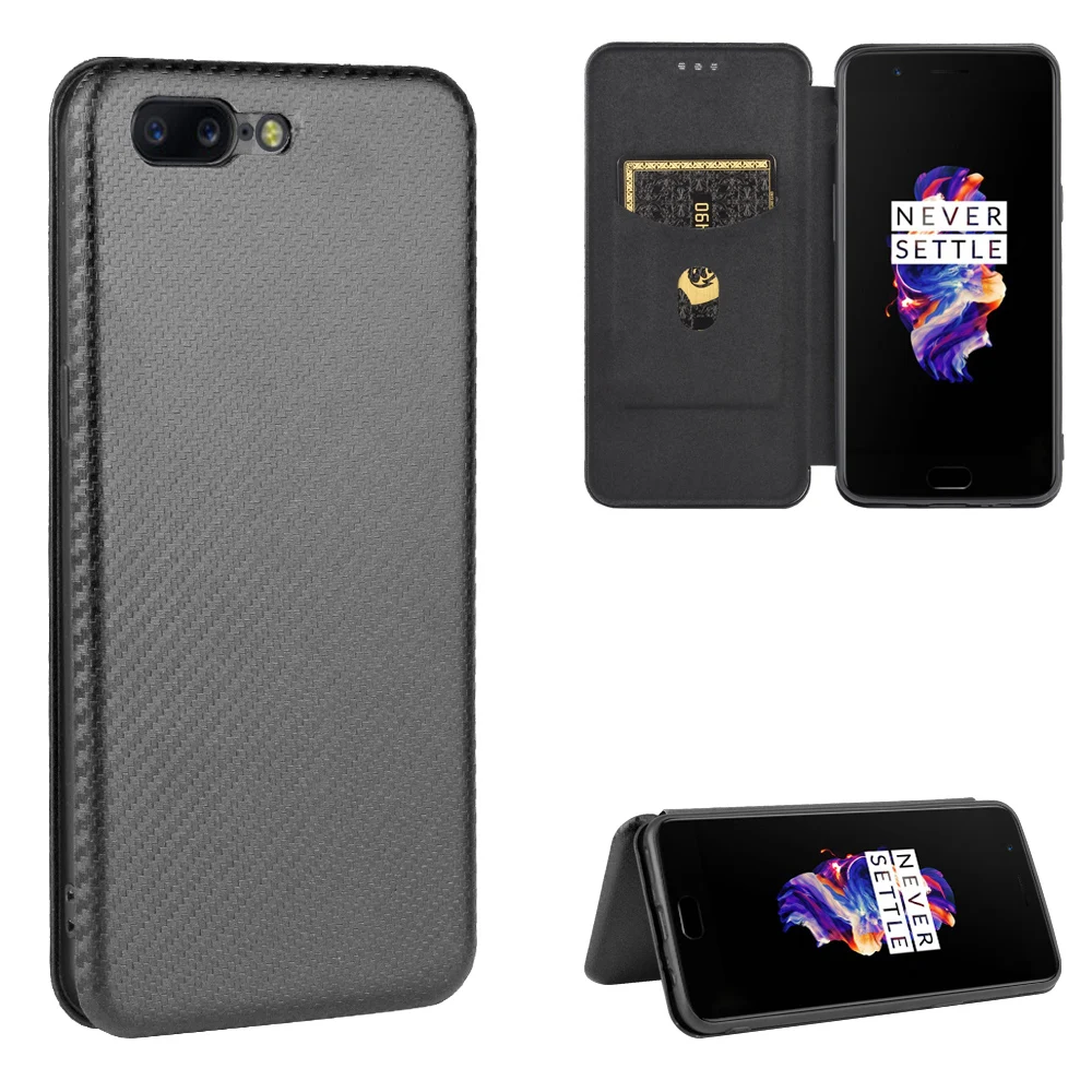For OnePlus 5 Case 5.5 inch Carbon Fiber Flip Leather Case For OnePlus 5 Business Magnetic Wallet Card Slot Slim Cover