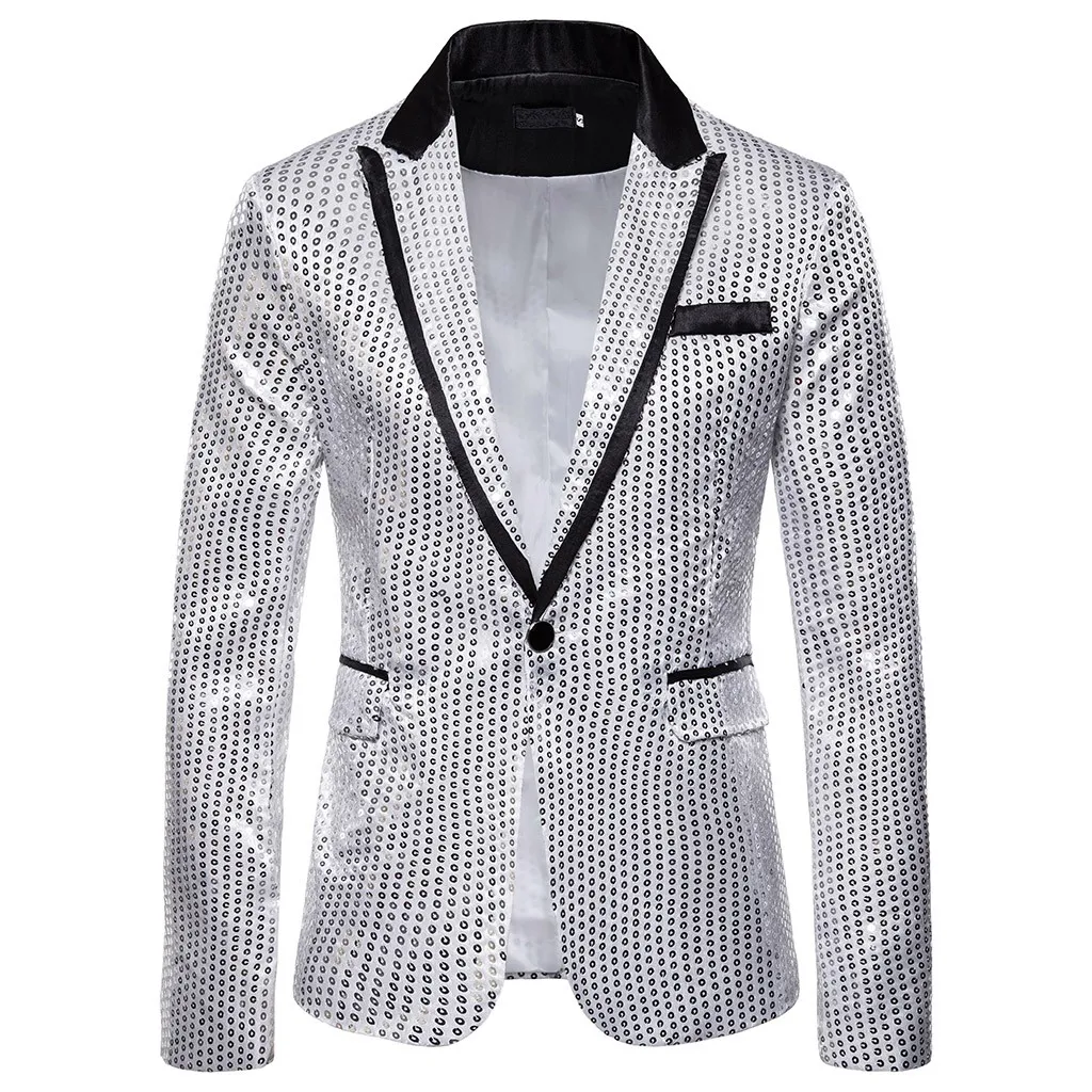 Mens Sequins Patchwork Suit Blazer Jacket Brand New Male Slim DJ Club Stage One Button Blazer Man Formal Wedding Clothes