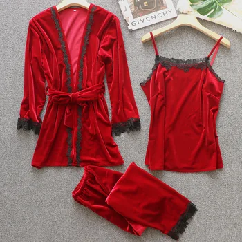 

Velvet Pajamas Set 3PCS Nightwear Sexy Women Lace Velour Sleepwear Autumn Winter Pijamas Suit Casual Bathrobe Sleep Set Homewear