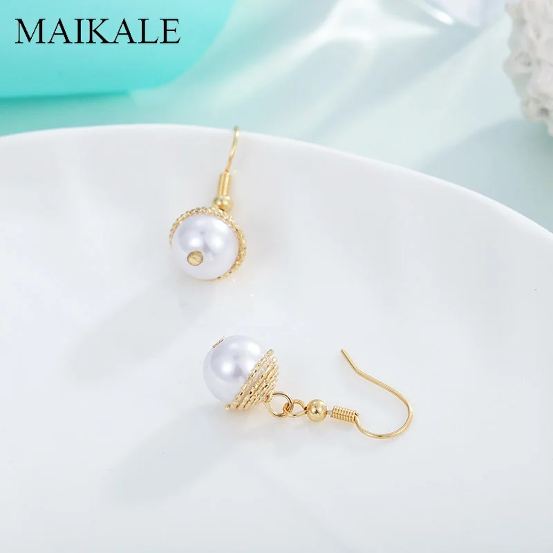 Женские серьги-подвески MAIKALE круглые серьги золотистого цвета с белым жемчугом