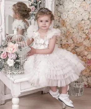 

Ivory White Lace Applique Beautiful Baby Girls Birthday Party Gown Knee Length Tiered Puffy Flower Girl Dress Christmas Gown