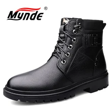 Зимние Мужские зимние сапоги Высокое качество кожаные сапоги с плюшевой подкладкой мужские теплые ботильоны для прогулок на природе, со шнуровкой Мужские ботинки на нескользящей подошве мотоботы