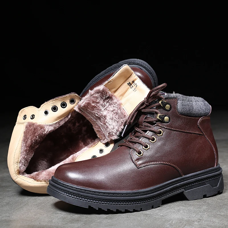 

Men's Winter boots Warm High Quality with fur plush warm Snow Boots genuine Leather Breathable Ankle Shoes Light Sneakers boots