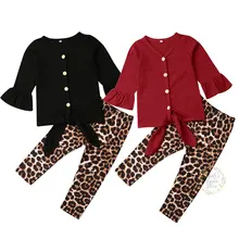 Комплект одежды для маленьких девочек от 1 до 6 лет, футболка с длинными рукавами Топы, леопардовые леггинсы, штаны, спортивный костюм осень-весна