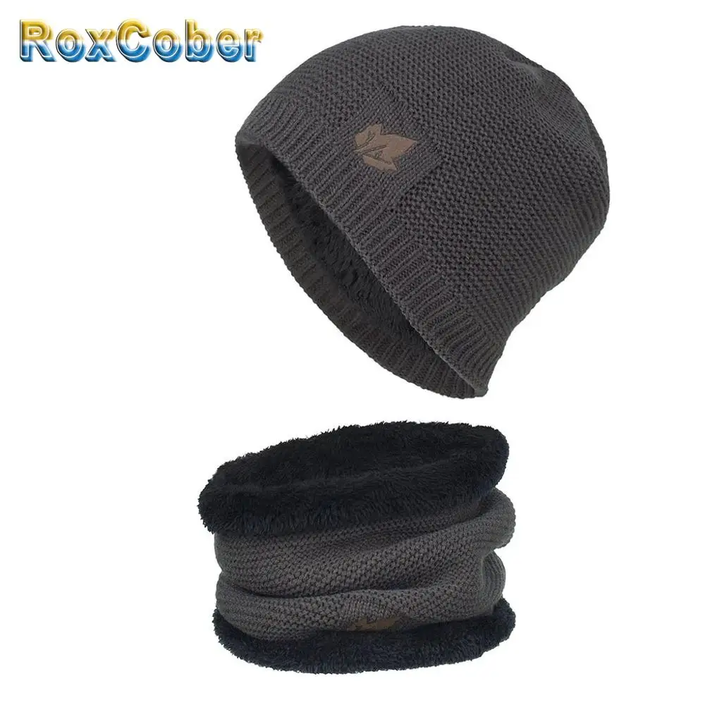 RoxCober, новинка, вязаные шапки Skullies, шапка с воротником, снуд для мужчин и женщин, береты-кепки Gorros, Мужская теплая однотонная зимняя шапка, шапка, комплект