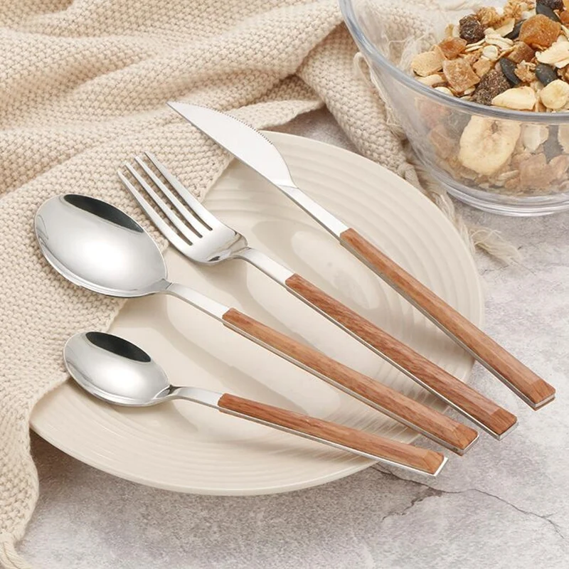 24Pcs 304 Stainless Steel Tableware Set Glossy Wood Silver Dinnerware Sets Western Food Knife fork Teaspoon Cutleries