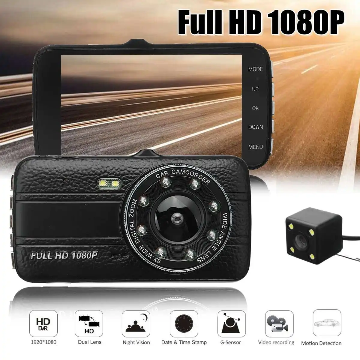 4 дюйма Двойной объектив Камера HD 1080P 170 градусов Видеорегистраторы для автомобилей Видео тире камера Регистраторы Ночное видение