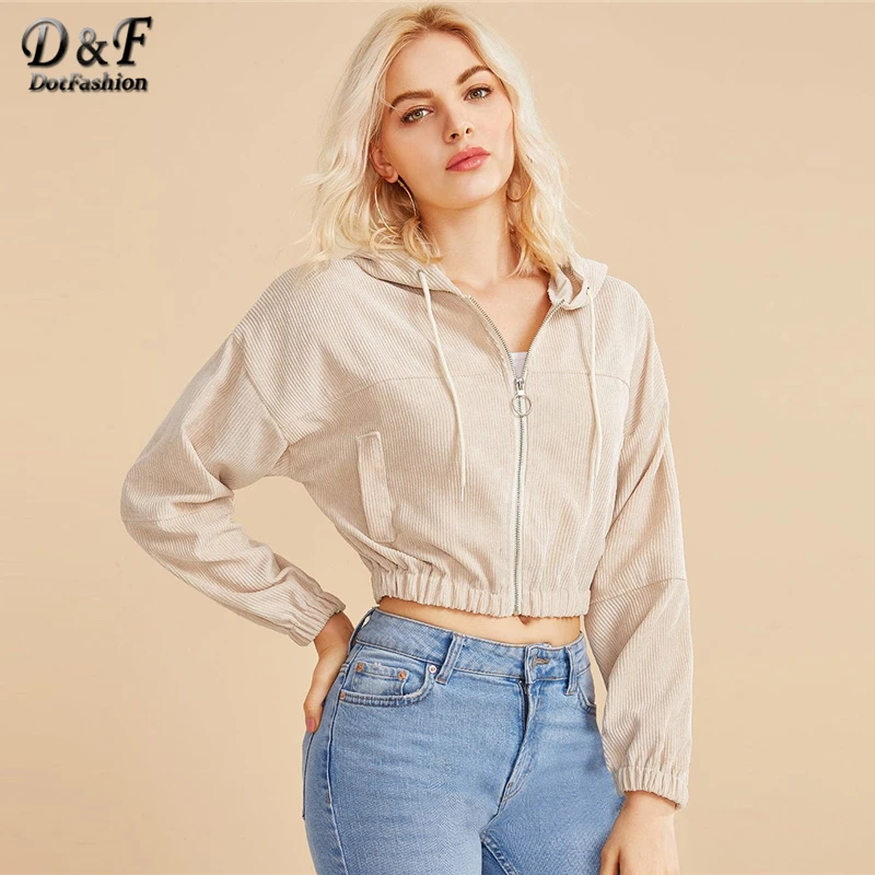 Dotfashion, хаки, Повседневная Женская куртка с круглым вырезом на молнии спереди, осень, куртки с капюшоном на завязках, Женская однотонная Вельветовая верхняя одежда