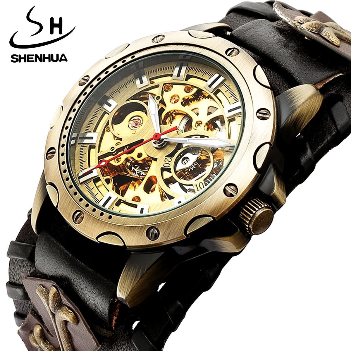 Shenhua Relógio Gótico do Vintage Marrom Rock Steampunk Esqueleto Tourbillon Masculino Mecânico Automático Relógio Luminoso Aço Inoxidável