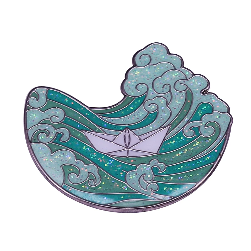 Origami Boat Drifting On Glitter Wave Art Spilla Smaltata