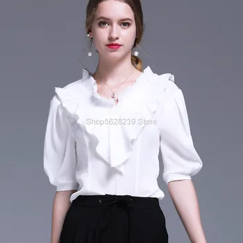 

French Wind 2020 Season Auricularia Auricularia Edge V Collar Irregular Lotus Leaf Edge Bubble Sleeve Slim Fit Slim Chiffon