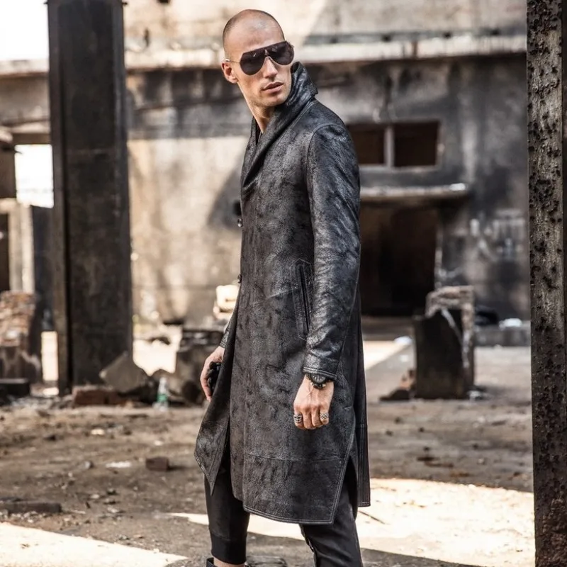 2020 Winter New Men Long Sheepksin Genuine Leather Jacket Loose Fit Trench Coat Gothic Man Military Midi Real Overcoat | Мужская одежда