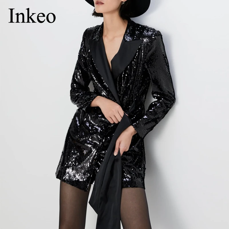 

Fashion Women sequin Blazer dress New Spring Autumn satin bow Black Female Jacket Elegant Long sleeve mini dress INKEO 9O022