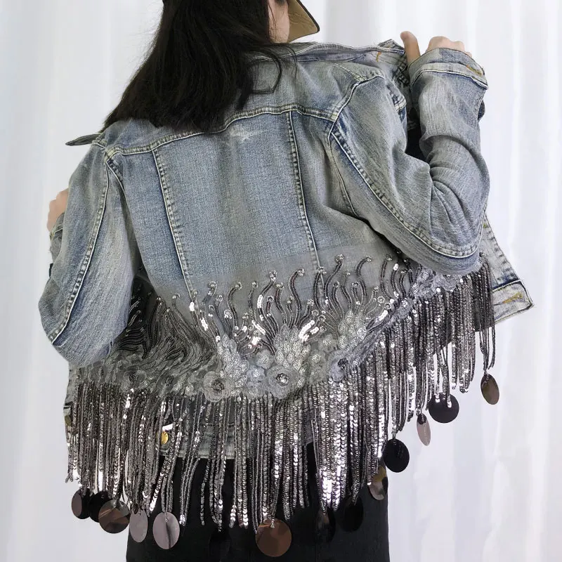 2020 Spring and Autumn Sequins Tassel Denim Jacket Women Slim Eans