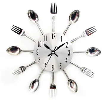 

Unique Large Silver Kitchen Tableware Living Room Modern Spoon Wall Clock Decoration Cutlery Metal Silent 3D Stylish