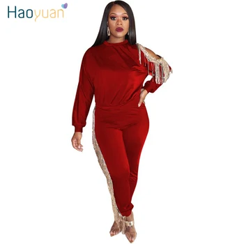 

HAOYUAN Sexy Sequin Tassel Two Piece Set Women Fall Winter Festival Clothing Top and Pant 2 Piece Matching Suit Club Outfits