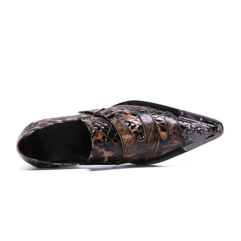 Fashion Loafers Embossed Patent Leather Casual Shoes Men Luxury Club Bars Shoes Metal Pointed Toe Slip On Leisure Party Shoes
