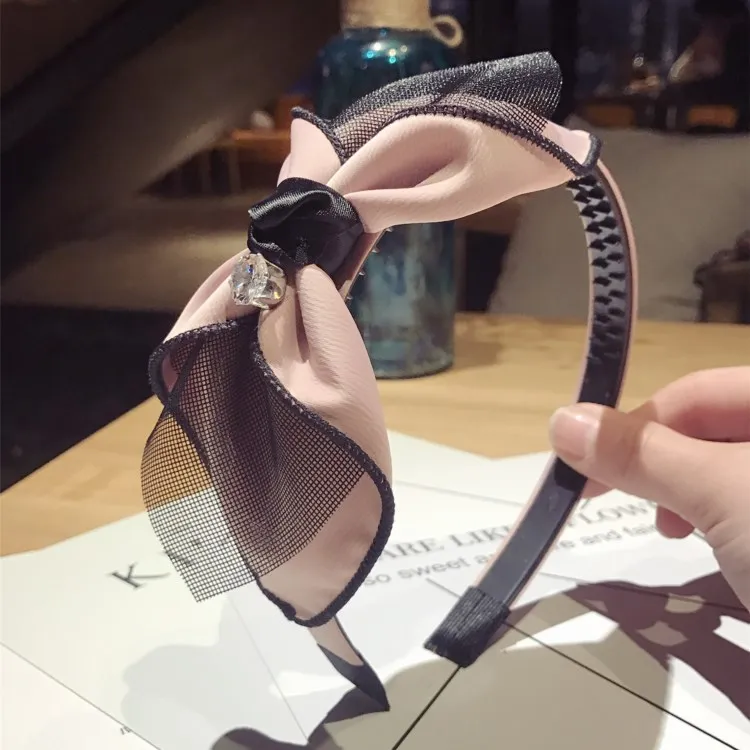 

South Korea Simple Lace Gauze Fabric Folding Large Bow Large Rims Toothed Anti-slip Hair Bands Headband Women's New Style