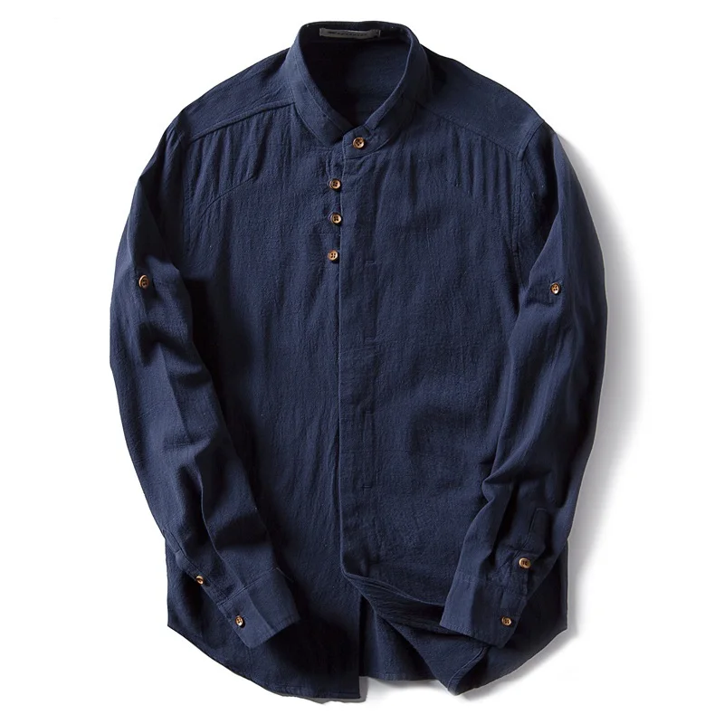 Men's Cotton Linen Shirts Long Sleeve Casual Slim Chinese Mandarin Collar Shirts Quality Men Business Cotton Dress Shirt TS-187A