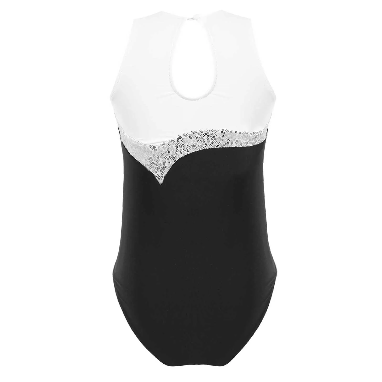 Child Kids Girls Sleeveless Shiny Sequins Keyhole Back Gymnastics Ballet Dance Leotard Gymnastics Bodysuit for Girls Dance Wear