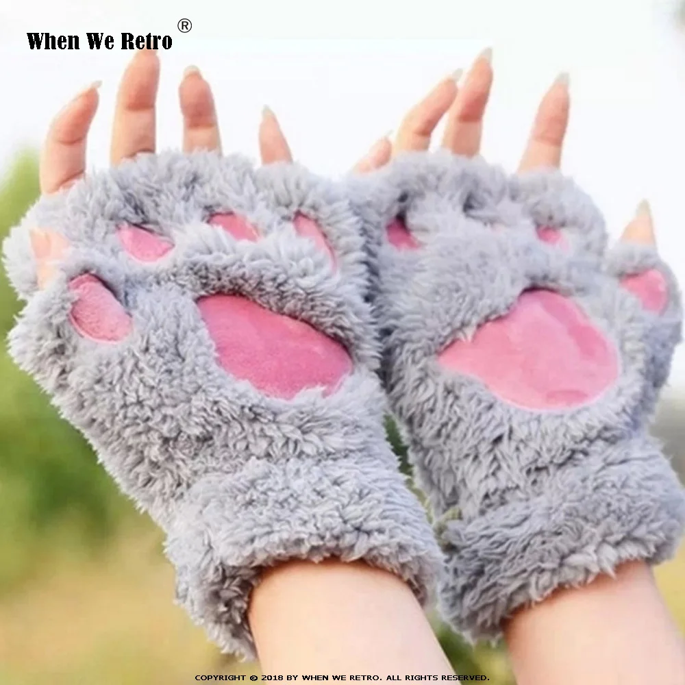 

When We Retro Women Cute Cat Claw QY0470 Plush Mittens Warm Soft Short Fingerless Fluffy Bear Cat Gloves Half Finger White Beige