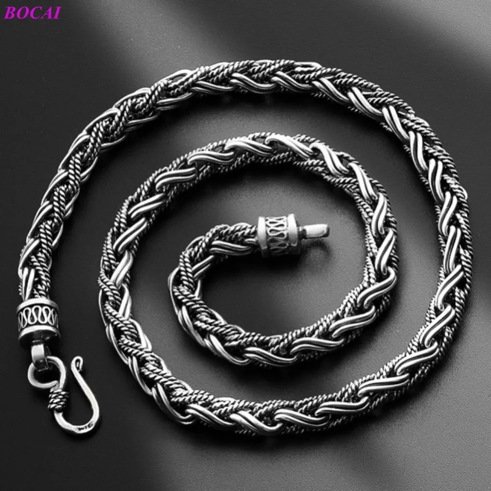 PROD 4001292185640 BOCAI S925 Sterling Silver Necklace Personality Thai
Silver Hand Woven 7mm 4mm Neck Chain Popular Pure Argentum Jewelry