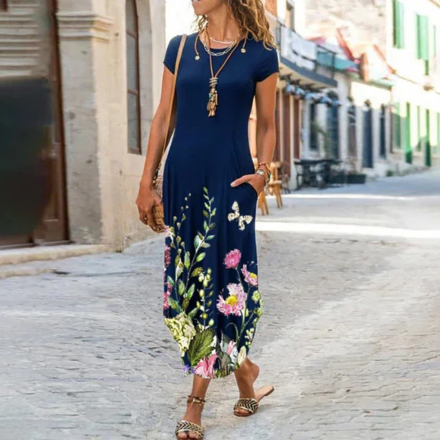 Vintage Flower Dress Women O Neck Pocket Casual Dresses For Women Loose Long Dress Plus Size Ladies Vacation Party Dress 11