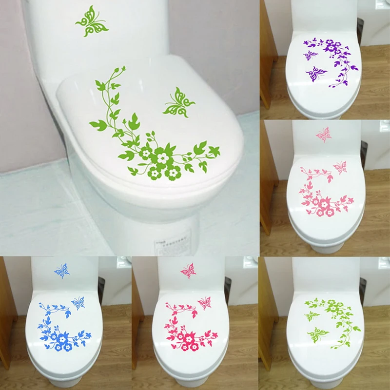 1pc Waterproof Removable Toilet Lid Sticker Butterfly Flower Rattan Toilet Seat Cover Wall Sticking Poster Decorative Stickers star wars toilet sticker vinyl bathroom decor seat decal removable art mural jh379