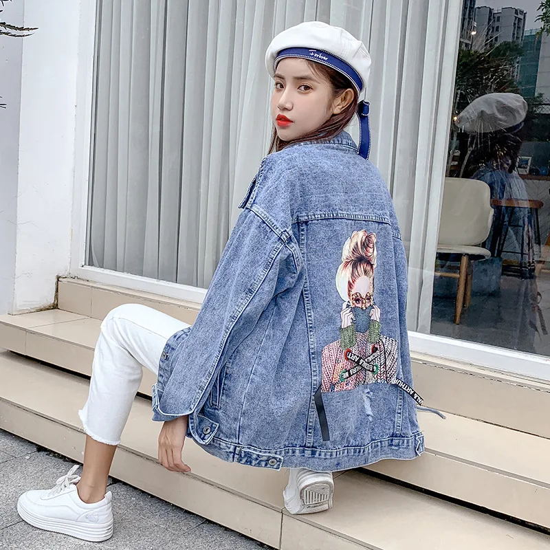 

2019 Autumn And Winter New Style Hong Kong Flavor CHIC Cool Beads Printed Short Coat Women's BF Loose-Fit Denim Jacket
