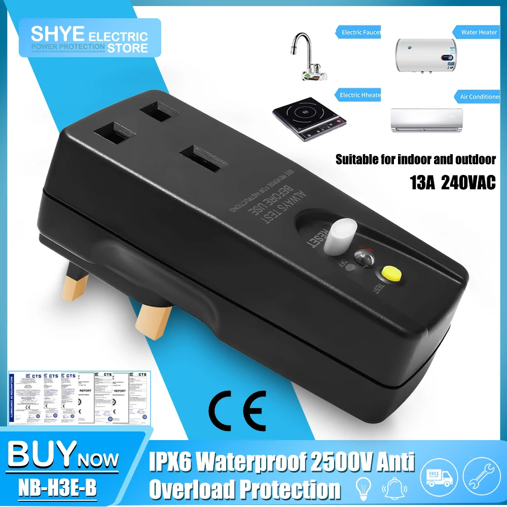 

UK Safety RCD Socket Adapter Home Circuit Breaker Suitable For Pool Pump, High Pressure Washer Trip Switch Indicator Power Plug
