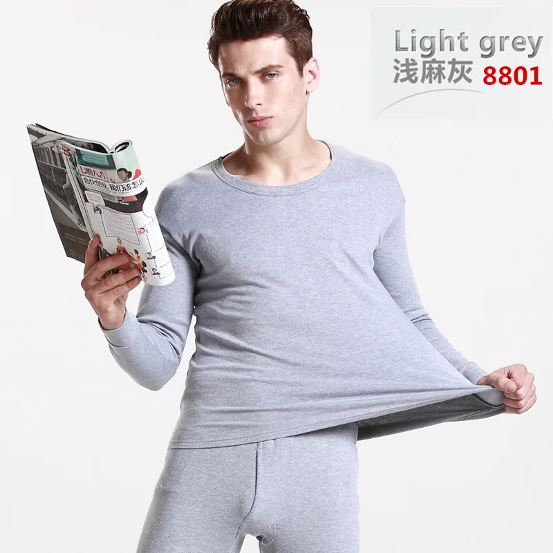8801Solid Light Gray Мужское термобелье костюм хлопок круглый воротник осень зима кальсоны - Цвет: 8801Solid Light Gray