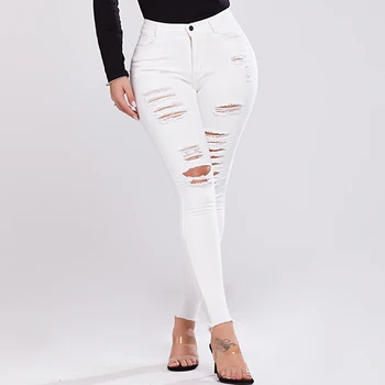 

White Ripped Skinny Jeans Women High Waist Stretch Pencil Pants Distressed Denim Pants Trousers Push Up Female Summer Clothing
