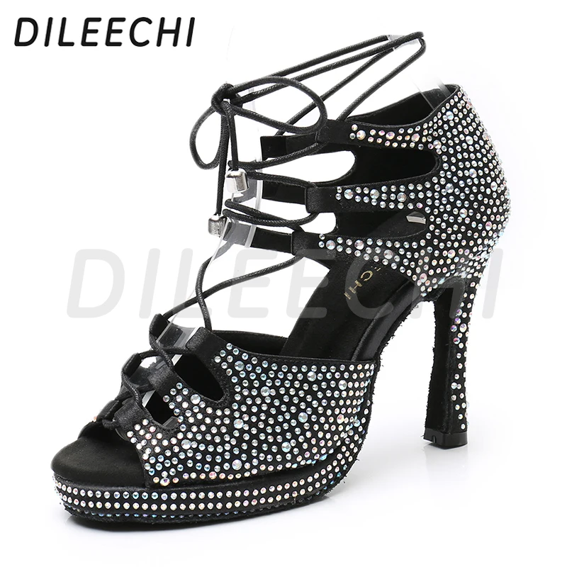 DILEECHI Latin dance shoes Beige black satin Ballroom dancing shoes Platform New adjust width party Squre shoes women high heel