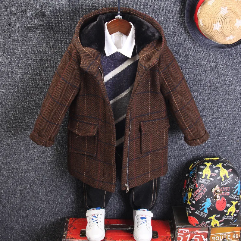 Hot Sale Children's Woolen Coat Fall Winter Boys Casual Plaid Woollen Coat Male Kids Cotton Padded Hooded Outerwear Clothes B412