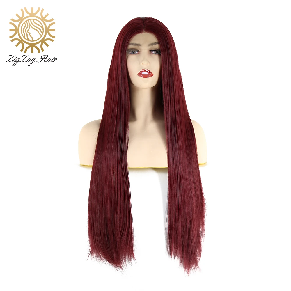 

ZigZag Burgundy Color Synthetic Lace Front Wig for Black Women Wine Red Straight Glueless Heat Resistant Fiber Hair Daily Wear