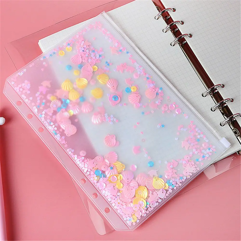 

Cute Glitter Sequins A5A6 Inner Pocket Standard 6 Holes File Folder Transparent Loose Leaf Zipper Binder Pouch Kawaii Stationery