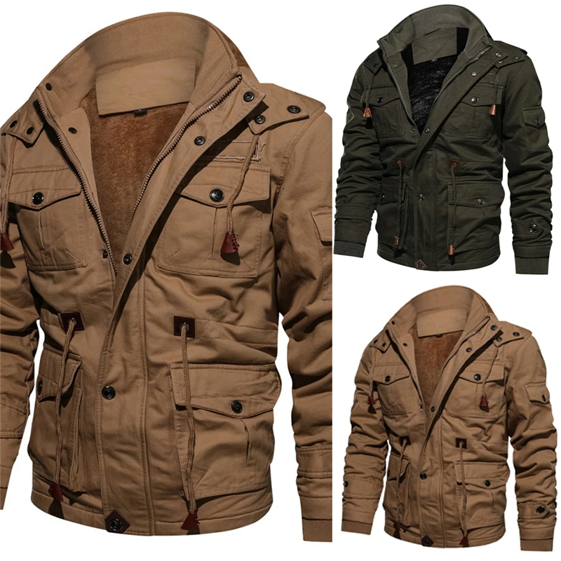 Winter Parkas Mens Casual Thick Warm Bomber Jacket Outwear Fleece Hooded Multi-pocket Tactical Military Jackets Overcoat | Мужская