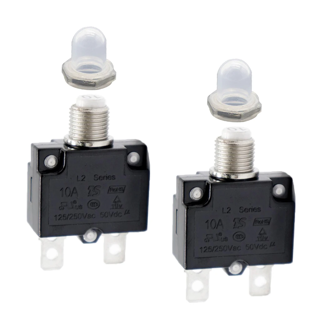 Pack of 2 10 Amp Circuit Breaker Push-Button Reset with Quick Connect Terminals and Clear Waterproof Button Cover