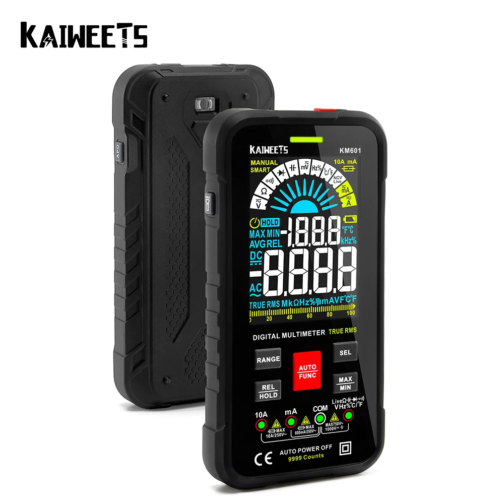 KAIWEETS KM601 9999 liczy multimetr cyfrowy Smart Auto zakres 1000V 10A miernik testowy Ohm Hz pojemność REL True RMS AC DC DMM