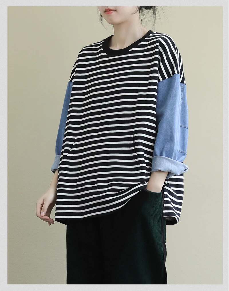 Autumn Loose Leisure Striped O-neck Pockets Plus Size T-shirt New Fashion Patchwork All-match Women Tops T-shirts
