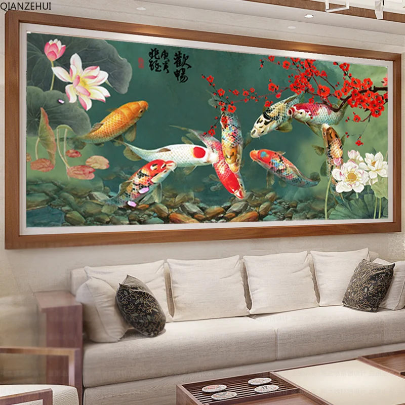 QIANZEHUI, алмазная вышивка, Круглый Алмаз Koi Kim, девять рыбок, полный горный хрусталь 5D алмазная картина, вышивка крестиком, рукоделие
