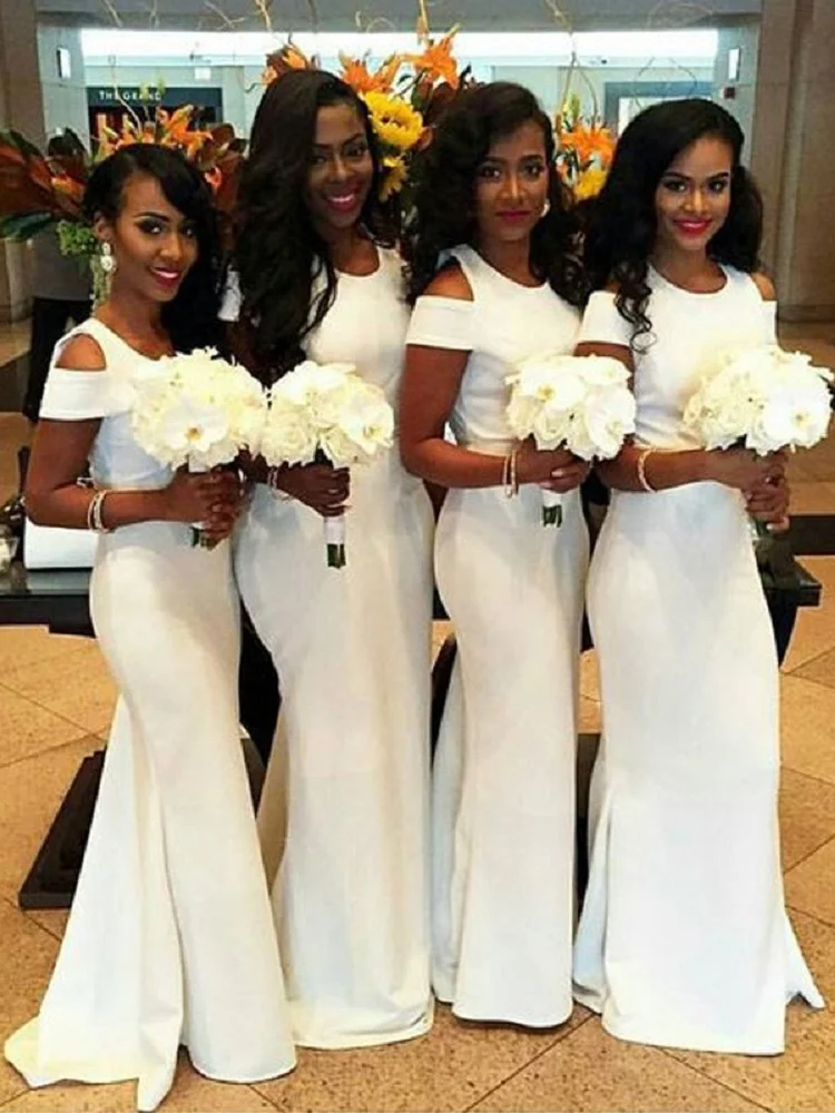 

Vintage Bridesmaid Dresses White Elastic Satin Off-the-Shoulder Bridemaid Dress for Wedding Party Dress