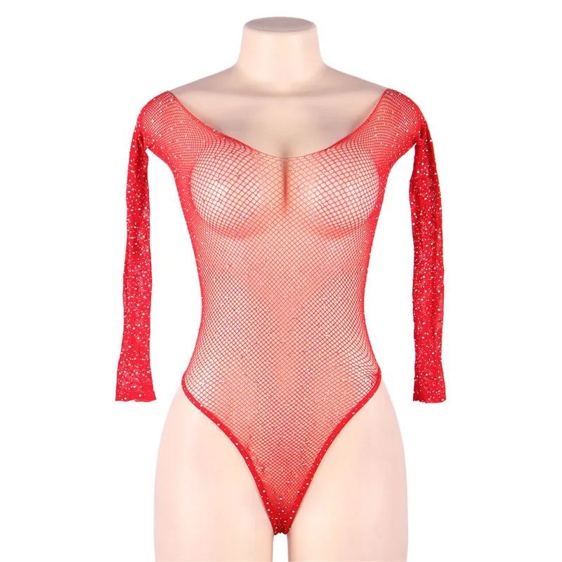 Off the Shoulder bodysuit Long Sleeve Fishnet Rhinestone Bodysuit Transparent  Femme Bodycon Jumpsuit Black Red RW80877 black corset bodysuit