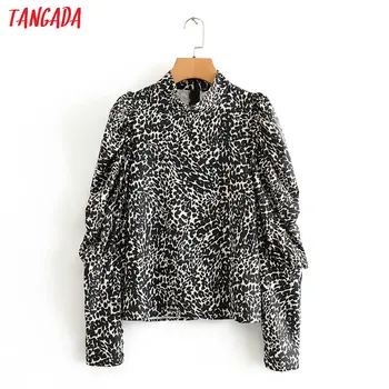 

Tangada women leopard print blouse puff long sleeve back zipper chic female casual shirt blusas 3A61